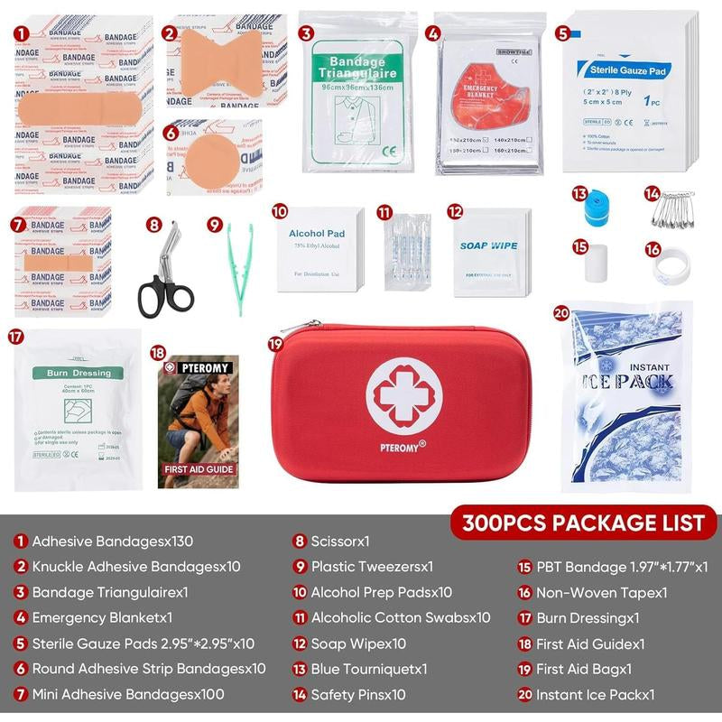 300 Piece First Aid Kit, Portable Small Emergency Kits Compact 1St Aid Kit with Hard Storage Case for Car, Travel, Home, Camping, Outdoor, Hiking